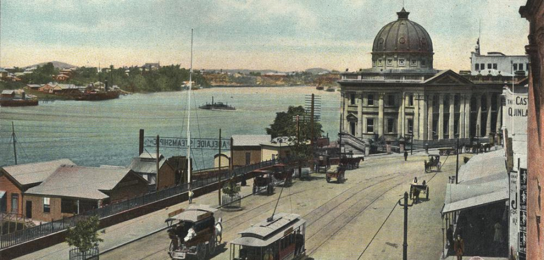 A old painting of Customs House in Brisbane, overlooking the river, as a horse and carriage and a tram move down the street