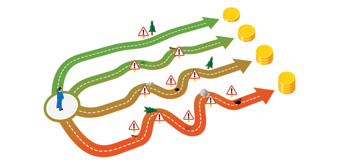 An illustration of a man deciding which path to take