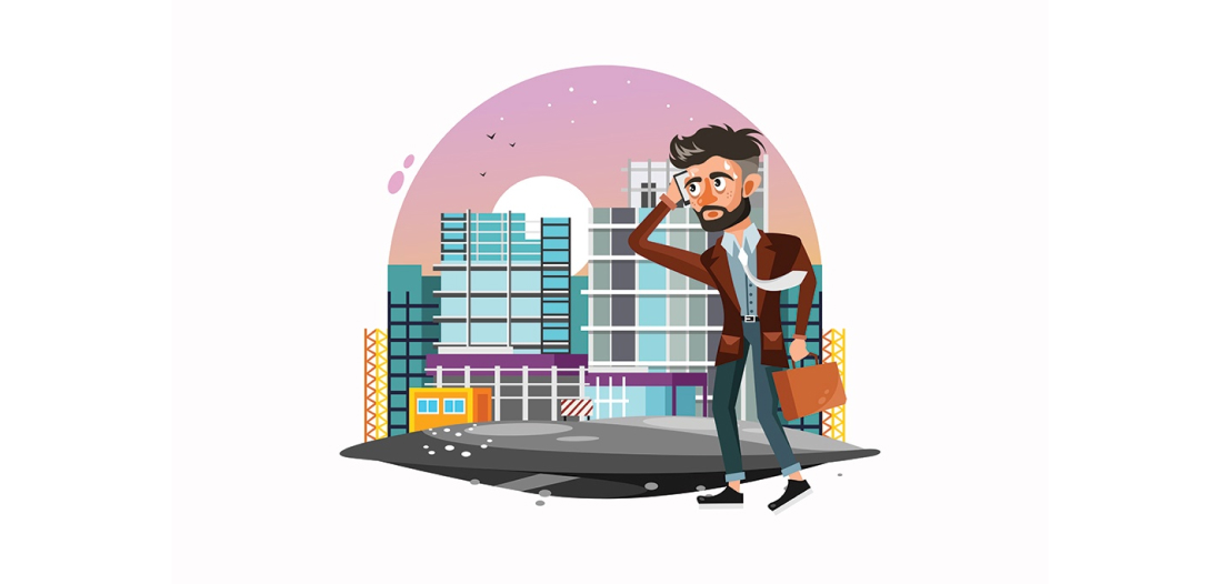 An illustration of a man walking through a city looking stressed