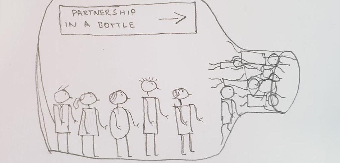 A drawing of a bottle with people in it that reads 'Partnership in a bottle'