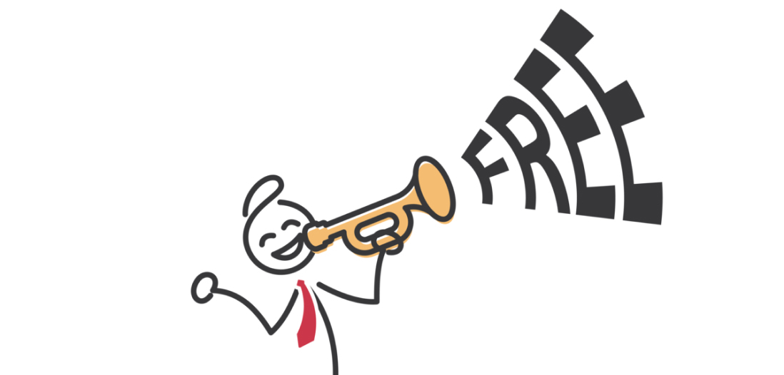 An illustration of a person playing a trumpet and next to it, it reads the word Free