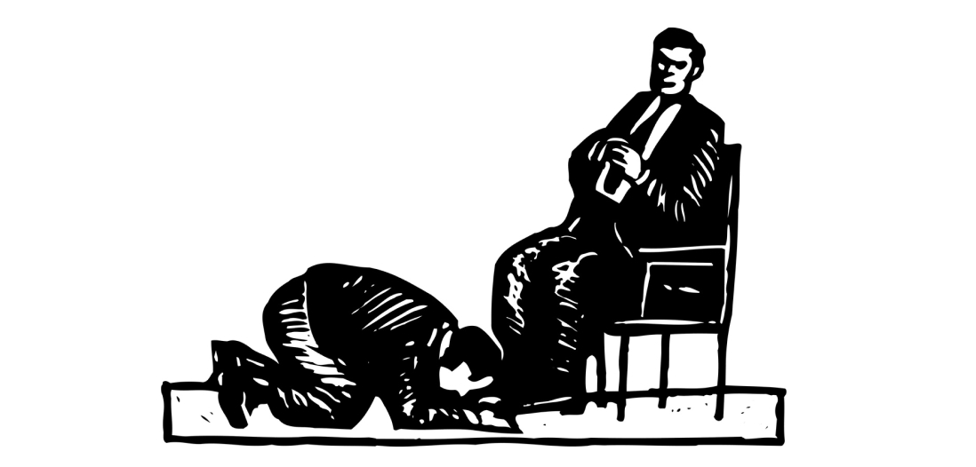 An illustration of man grovelling and kissing a mans shoes