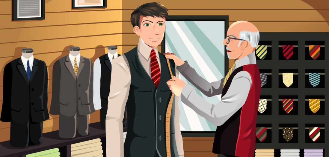 An illustration of a tailor taking measures of a man being fitted for a suit