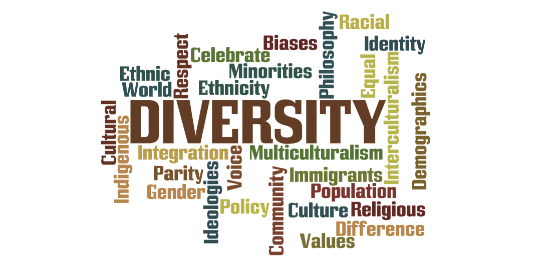 An illustration of the words: Diversity, minorities, ethnicity, gender, values, difference, racial, biases, integration, multiculturalism, equality